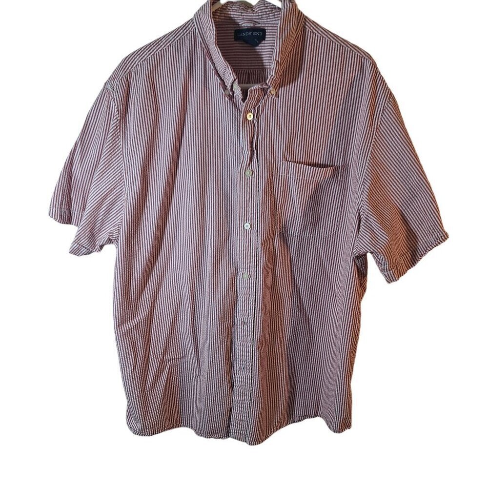 Land's End Mens Seer Sucker Short Sleeved Shirt Button Down XL